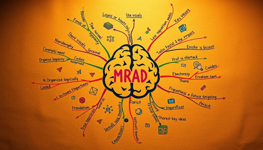 A vibrant, hand-drawn mind map illustration showcasing effective tips for creating impactful mind maps. The foreground features a central brain-shaped node with colorful branches radiating outwards, each containing concise, bulleted recommendations such as "Use visuals", "Organize logically", and "Emphasize key ideas". The middle ground depicts a variety of mind map elements like icons, shapes, and doodles that complement the text. The background is a textured, earthy tone that provides a grounded, natural feel. Warm lighting casts a soft glow, creating depth and a tactile, artisanal aesthetic. The overall composition is balanced, visually engaging, and reflects the subject of crafting practical, visually compelling mind maps.
