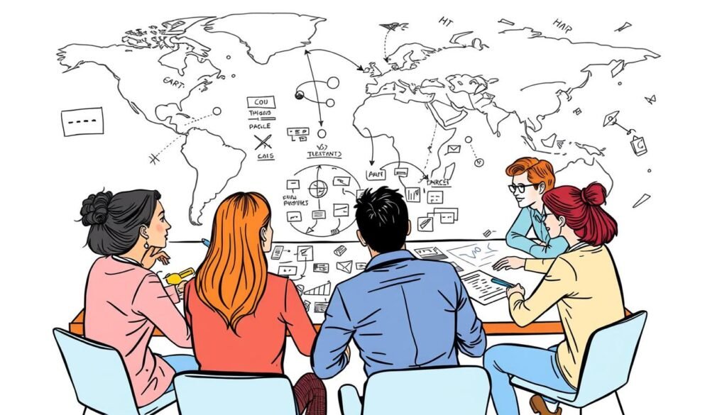 A vibrant, hand-drawn style illustration depicting the evaluation and optimization of collaboration strategies. In the foreground, a group of diverse individuals are gathered around a table, engaged in a lively discussion and brainstorming session. Sketched visuals of ideas, charts, and plans are scattered across the table, representing the collaborative process. The middle ground features a detailed organizational chart, showcasing the interconnected nature of the strategies. In the background, a stylized world map or network visualization serves as a symbolic representation of the global reach and impact of the collaborative efforts. The overall mood is one of creative problem-solving, teamwork, and a shared sense of purpose.