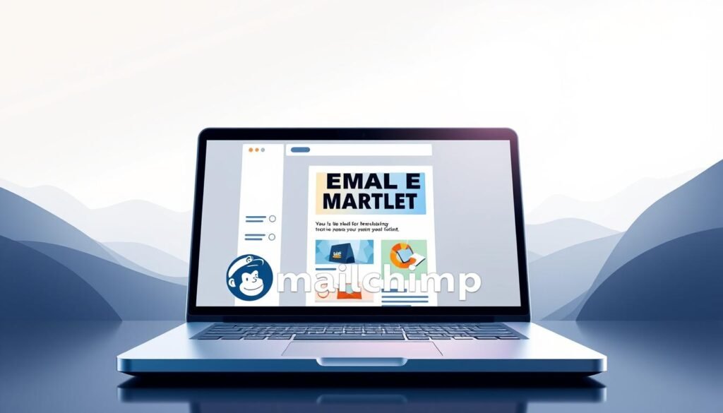 A vibrant, modern illustration of email marketing on a laptop screen. The foreground features a stylized Mailchimp logo against a minimalist, elegant interface with sleek, intuitive controls. The middle ground showcases a visually engaging email campaign with bold typography, crisp imagery, and an eye-catching call-to-action. The background depicts a sophisticated, digital landscape with subtle textures and a soothing color palette that evokes professionalism and efficiency. Lighting is soft and diffused, creating a polished, premium look. The overall composition conveys the power and simplicity of Mailchimp's email marketing tools.