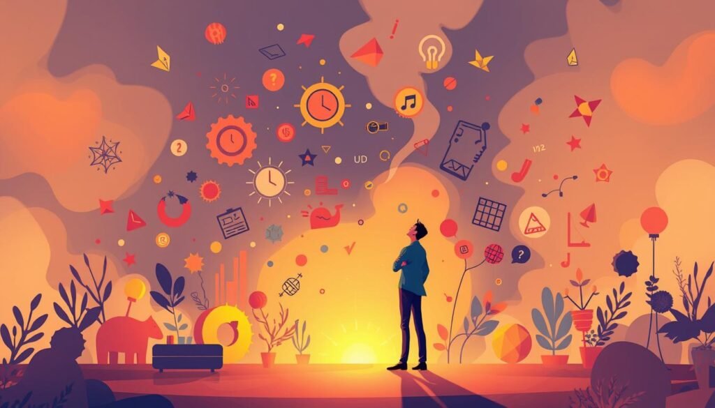 A vibrant, visually engaging illustration depicting the concept of "اختبار عمرك العقلي حسب تصرفاتك". The scene features a person standing in a thoughtful pose, surrounded by a dynamic array of abstract shapes, symbols, and stylized elements that represent the various aspects of one's personality and behavior. The composition utilizes a warm, inviting color palette, with subtle lighting and hazy, atmospheric effects to create a sense of introspection and self-reflection. The overall impression is one of a visually captivating and conceptually meaningful representation of the article's subject matter.