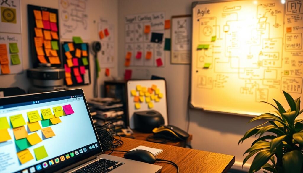 A vibrant workspace filled with the essential tools of agile development. In the foreground, a sleek laptop and a stylized scrum board display colorful sticky notes. In the middle ground, a tangle of cables and a wireless mouse hint at the technical complexity. The background showcases a whiteboard covered in intricate diagrams and flowcharts, casting a warm glow under soft, diffused lighting. The overall scene conveys a sense of collaboration, creativity, and a relentless pursuit of innovation.