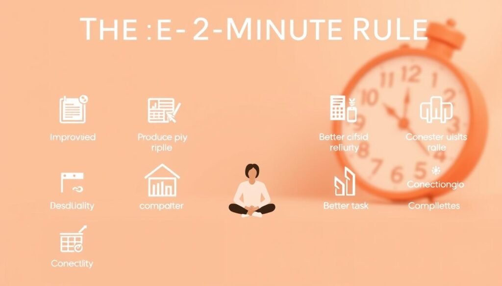 A visually engaging illustration of the benefits of the 2-minute rule. A clean, minimalist layout with icons and stylized graphics in a warm, earthy color palette. The foreground showcases key benefits like improved productivity, reduced procrastination, and better task completion, arranged in a simple grid. The middle ground features a serene, meditative scene with a person focused on a task, highlighting the rule's ability to promote mindfulness. The background subtly suggests the passage of time with a softly blurred clock or calendar. Soft, directional lighting casts a gentle glow, creating a sense of tranquility and focus. The overall impression conveys the practical advantages of the 2-minute rule in an visually appealing, easy-to-grasp manner.
