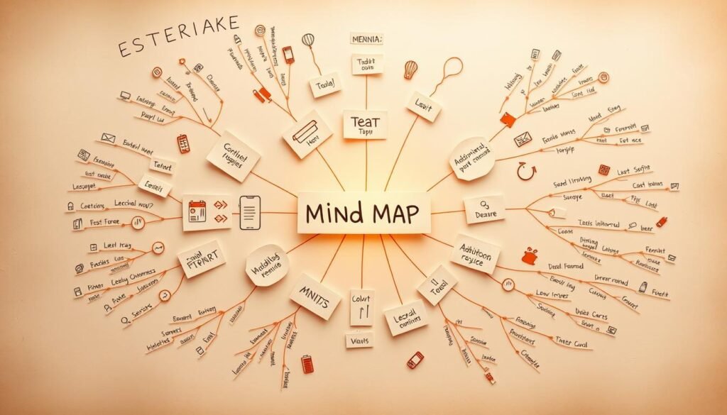 A visually engaging mind map illustration depicting the step-by-step process of creating a mind map. Showcasing a central topic surrounded by interconnected subtopics, branches, and visual elements such as icons, symbols, and geometric shapes. The layout should have a balanced and harmonious composition, with a clean and minimalist aesthetic. Utilize a warm, earthy color palette to convey a sense of thoughtfulness and creativity. Incorporate subtle textures and lighting to give the image depth and dimension, creating an inviting and inspirational representation of the mind mapping technique.