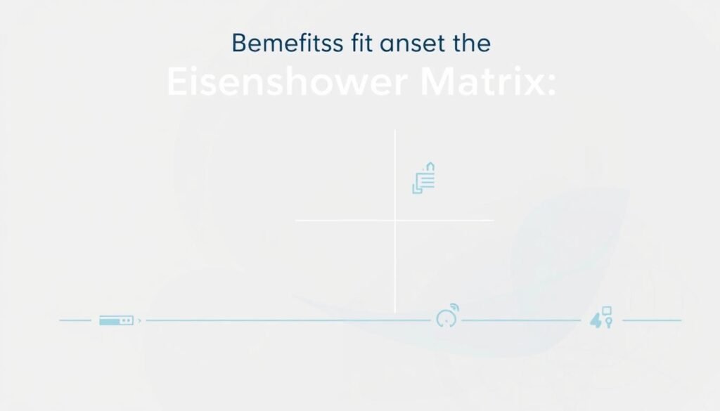 A visually striking digital illustration depicting the benefits of using the Eisenhower Matrix, a time management and decision-making tool. The image should have a clean, minimalist design with a soothing color palette of blues, grays, and whites. In the foreground, a simple grid structure representing the Eisenhower Matrix, with four quadrants clearly defined. Each quadrant should feature an icon or symbol representing a different benefit, such as prioritization, organization, efficiency, and focus. The middle ground should feature a subtle background texture or pattern, like a faint grid or geometric shapes, to reinforce the organizational theme. The background should be a soft, blurred gradient, providing a sense of depth and emphasis on the central matrix structure. The overall tone should be professional, practical, and visually appealing, reflecting the utility and value of the Eisenhower Matrix.