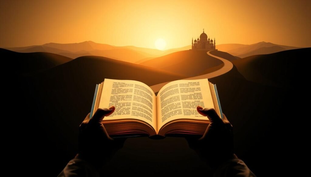 A visually striking illustration of the core message of the book "Rich Dad, Poor Dad". Depicts a central concept, represented by a striking visual metaphor. The foreground shows a pair of hands holding an open book, the pages glowing with a warm, golden light, symbolizing the transformative insights within. The background features a stylized landscape, with a winding path leading towards a distant, opulent city, representing the journey to wealth and prosperity. Elegant, minimalist design with a focus on impactful symbolism. Dramatic chiaroscuro lighting casts dramatic shadows, creating a sense of depth and mystery. The overall mood is one of inspiration, potential, and the power of knowledge to shape one's financial destiny.