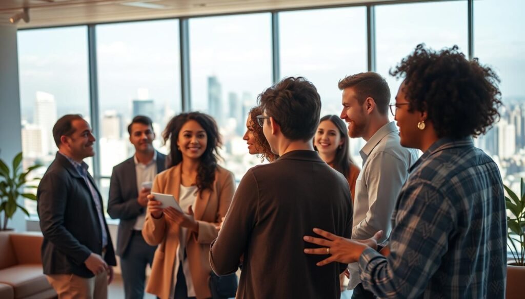 A warm and inviting scene showcasing the art of communication. In the foreground, a group of diverse individuals engaged in a lively discussion, their body language and facial expressions conveying a sense of openness and trust. The middle ground features a well-lit, modern office space with minimalist furnishings, allowing the focus to remain on the human interactions. In the background, a large window offers a panoramic view of a bustling city skyline, symbolizing the global reach and interconnectedness of effective communication skills. The overall mood is one of collaboration, understanding, and the power of meaningful dialogue to drive personal and professional success.