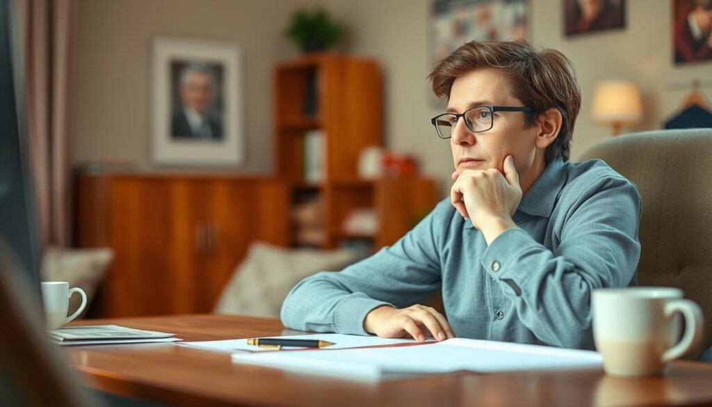 A warm, well-lit room with a thoughtful person seated at a desk, listening intently with a focused expression. The desk is tidy, with a pen, paper, and a cup of tea or coffee, creating a cozy, contemplative atmosphere. The background is blurred, drawing the viewer's attention to the subject's attentive posture and the act of active listening. The lighting is soft and natural, casting a gentle glow on the scene, conveying a sense of calm and concentration. The overall composition emphasizes the importance of active listening and the mindful engagement it requires.