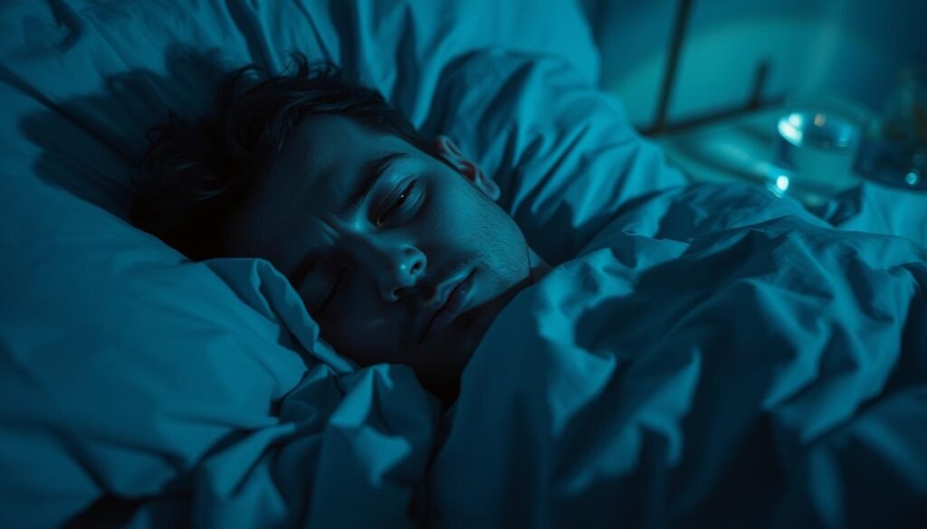 A weary figure lies awake, their face etched with exhaustion. The bedroom is bathed in a soft, blue-tinted light, casting deep shadows that accentuate the hollowness beneath their eyes. The sheets are tangled, a testament to the restless tossing and turning. In the background, a nightstand holds a glass of water, a reminder of the futile attempts to find respite. The overall atmosphere conveys a sense of profound unease and the relentless toll of sleep deprivation.