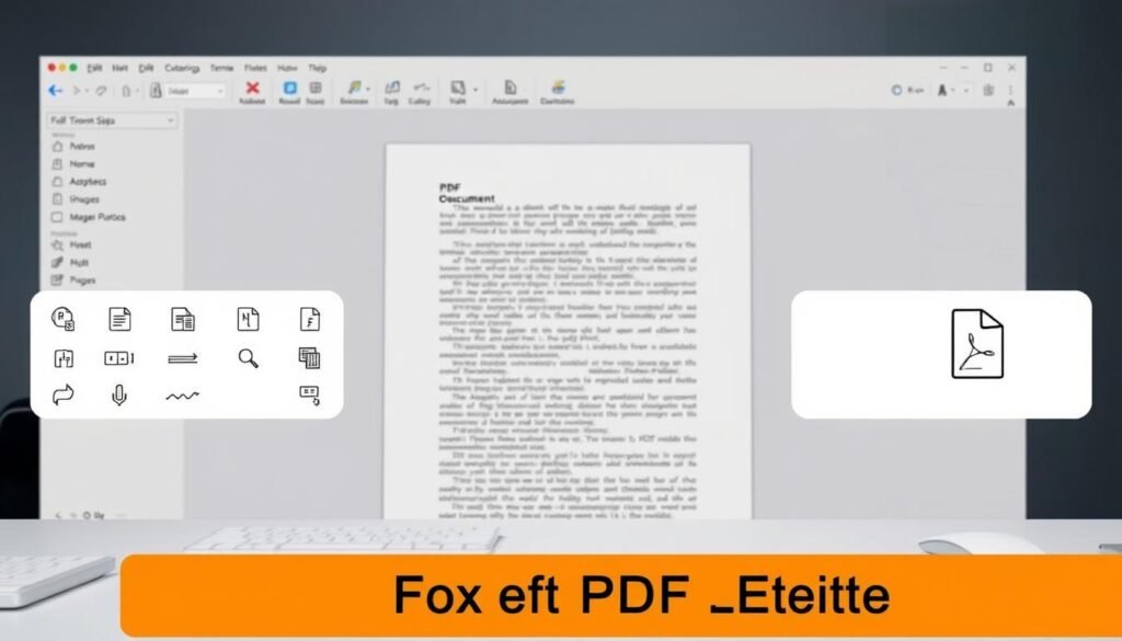 A well-lit, high-resolution image of a PDF editor interface showcasing its key features. In the foreground, various editing tools are neatly arranged, including options for annotating, highlighting, and signing documents. The middle ground displays an open PDF file with editable text, shapes, and images. In the background, a clean and modern interface with a sleek, minimalist design provides a sense of professionalism and functionality. The overall scene conveys the power and versatility of the PDF editor, making it an ideal visual representation for the "Key Features of Foxit PDF Editor" section of the article.
