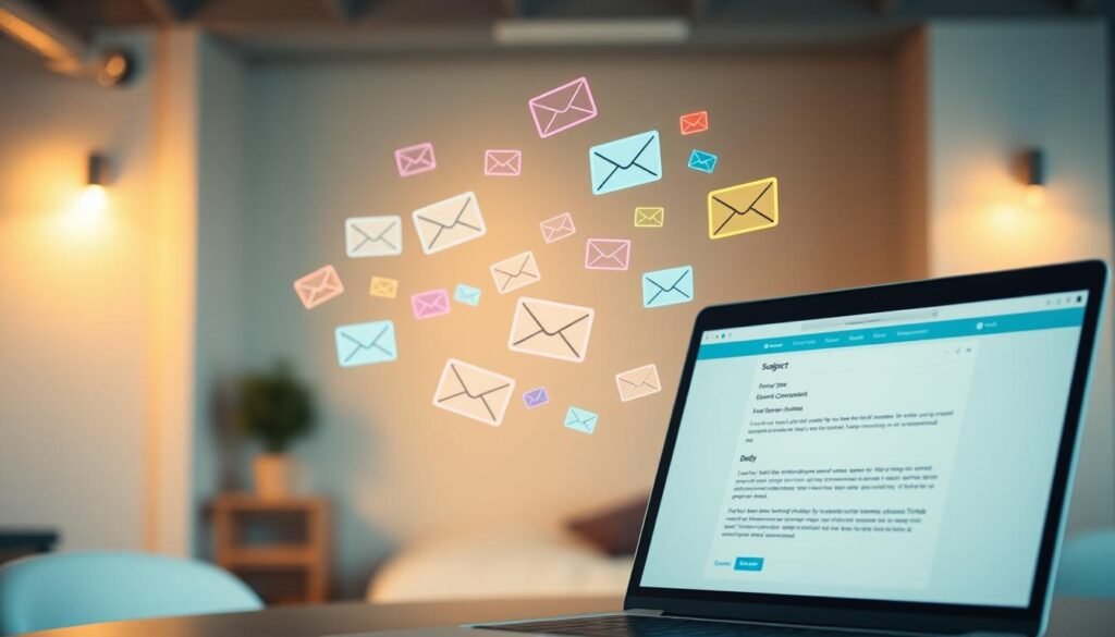 A well-lit, high-resolution scene depicting a digital email marketing campaign. In the foreground, a laptop screen shows an email composition interface with a subject line and body content. In the middle ground, a colorful array of email icons, envelopes, and data visualizations float against a slightly blurred background. The overall atmosphere is one of modern, professional digital marketing, with a clean, minimalist aesthetic and a sense of technology and productivity. Soft, diffused lighting creates a warm, inviting mood. The camera angle is slightly elevated, providing an overview of the scene.
