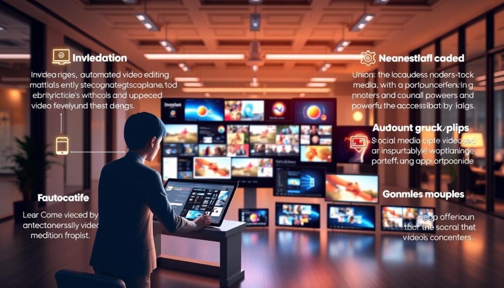A well-lit, three-dimensional illustration showcasing the key benefits of using Invideo, a user-friendly video creation platform. In the foreground, a central figure operates the intuitive Invideo interface, surrounded by glowing icons representing features like automated video editing, customizable templates, and seamless stock media integration. The middle ground depicts a diverse array of video content - from social media clips to product demos - all produced effortlessly with Invideo's powerful yet accessible tools. The background features a sleek, modern office setting, highlighting Invideo's suitability for professional and entrepreneurial applications. The overall scene conveys a sense of efficiency, creativity, and the ability to bring video ideas to life with minimal friction.
