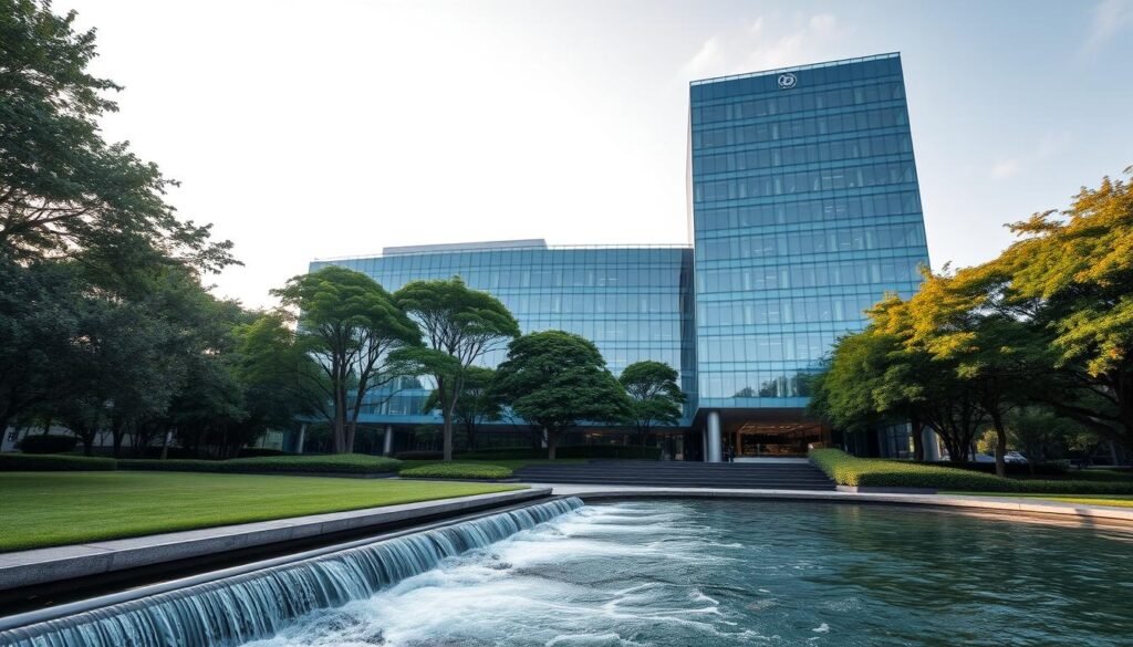 A well-lit, wide-angle panoramic view of a modern, multi-story office building with a sleek, contemporary glass and steel facade. The building is situated in a lush, urban setting with a manicured lawn, mature trees, and a flowing water feature in the foreground. The scene exudes a sense of professionalism, innovation, and corporate success. Subtle branding elements, such as a discreet logo, are present but not overbearing. The lighting is soft and warm, creating a welcoming atmosphere. The composition draws the viewer's eye through the serene outdoor space and up towards the impressive, towering structure, conveying the company's strong foundation and bright future.