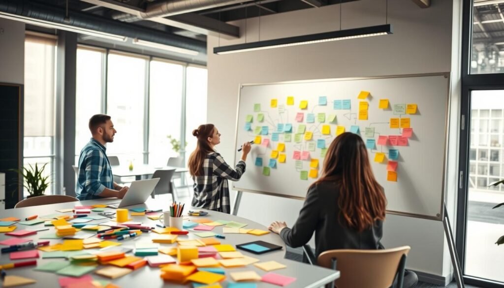 A workspace filled with colorful sticky notes, markers, and a large whiteboard. The scene is well-lit, with soft, natural lighting filtering in through large windows. In the foreground, a team collaborates, sketching ideas and arranging the notes into an organized mind map. In the background, a sleek, modern office space with minimal decor, allowing the collaborative activities to take center stage. The overall mood is one of focus, creativity, and productivity, capturing the essence of effectively using Miro for remote teamwork.