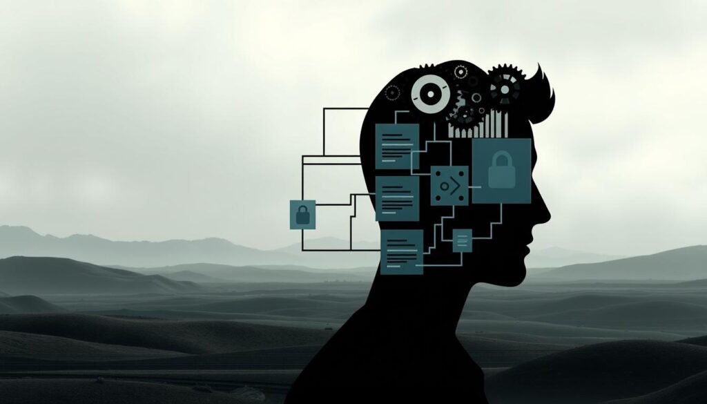 An administrative account's restrictions and limitations, conveyed through a digital illustration. The foreground depicts an abstract silhouette of a person's head, symbolizing the user's perspective, with gears and cogs representing the complex inner workings of the account management system. The middle ground showcases a series of interconnected, translucent cubes or windows, each representing a different function or setting of the account, hinting at the various restrictions and permissions in place. The background features a muted, industrial-like landscape, with metallic textures and a somber, subdued color palette, evoking a sense of the rigid, impersonal nature of the account management process. Soft, directional lighting casts shadows, adding depth and emphasizing the layered, intricate nature of the scene.