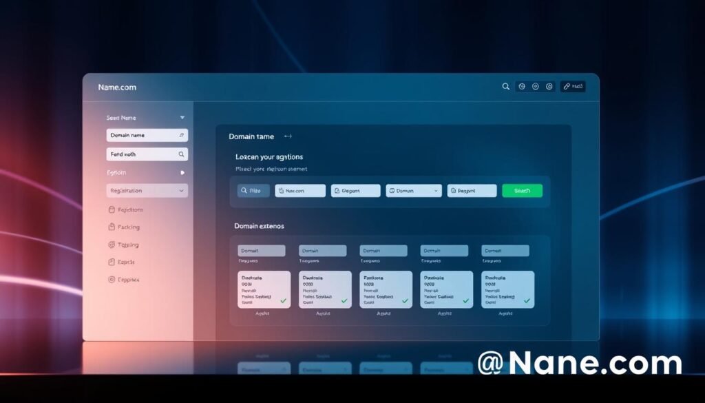 An elegant website dashboard displaying a beautifully designed domain registration section. The foreground features a clean, minimalist user interface with prominently displayed fields for domain name search, registration, and management. The middle ground showcases various domain extension options in a visually appealing manner, inviting the user to explore and select their preferred domain. The background subtly depicts a sophisticated, high-tech atmosphere with subtle gradient patterns and soft lighting, creating a sense of professionalism and modernity. The overall composition conveys the ease and efficiency of the domain registration process, reflecting the "Name.com" brand identity and the "خدمات Name.com" section of the article.
