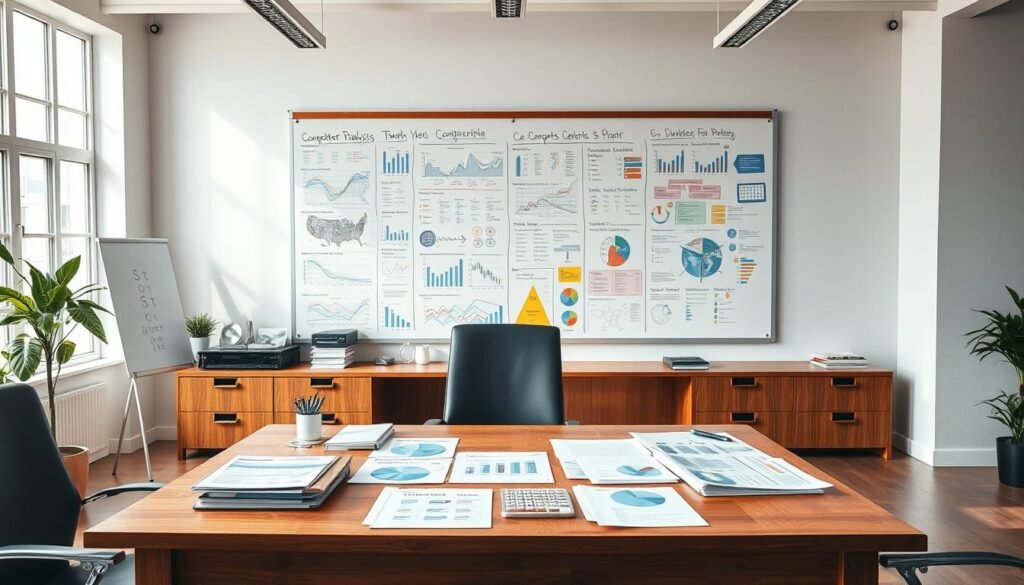 Competitor Analysis: A Detailed Exploration of Industry Trends. A spacious office setting, with a large wooden desk at the center. On the desktop, various documents, graphs, and analysis charts are neatly arranged, showcasing insights into market dynamics and competitor performance. Behind the desk, a large whiteboard dominates the wall, covered in colorful notes, diagrams, and strategic plans. Bright natural lighting floods the room, creating a sense of clarity and focus. The atmosphere is one of diligent research, thoughtful strategy, and a determination to gain a competitive edge. The image should convey the rigor and attention to detail required for effective competitor analysis in the social media management industry.