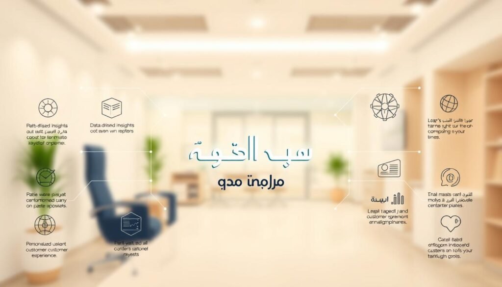 Elegant and professional infographic layout showcasing the key features of integrated marketing. A clean, minimalist design with a soft, warm color palette. In the foreground, thoughtfully arranged icons and visualizations representing concepts like data-driven insights, multichannel coordination, and personalized customer experiences. The middle ground features bold, cursive Arabic typography for the title "مميزات التسويق المتكامل", surrounded by subtle geometric patterns. The background depicts a blurred, pastel-tinted office or workspace setting, evoking a sense of modern, tech-savvy professionalism. Uniform lighting creates a cohesive, harmonious atmosphere across the entire scene.
