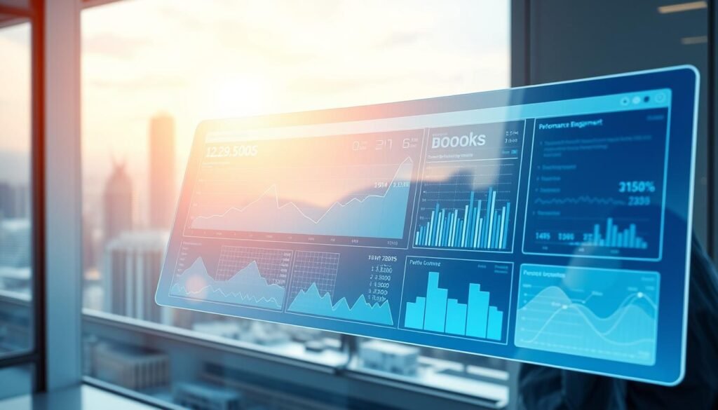 Elegant data visualization dashboard showcasing a series of performance benchmark graphs and charts. Backlit by a futuristic cityscape, the dashboard hovers in a sleek, minimalist workspace. Soft blue and white hues cast a professional, analytical glow. Precise data points and elegant line graphs convey complex metrics with clarity. The display's curved glass surface reflects the engineer's face, underscoring the human element behind the technology. Discreet control panels allow for seamless data manipulation. An aura of efficiency, transparency and data-driven decision making permeates the scene.