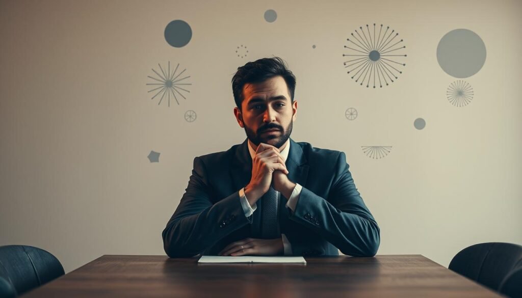 Emotional intelligence in negotiation: a serene, thoughtful negotiator sitting at a wooden table, deep in contemplation, surrounded by abstract shapes and patterns representing the nuanced interpersonal dynamics of the negotiation process. Soft, warm lighting casts a pensive mood, while the composition emphasizes the importance of self-awareness, empathy, and adaptability in effective communication. The scene conveys the negotiator's ability to navigate complex emotional landscapes and find mutually beneficial outcomes.