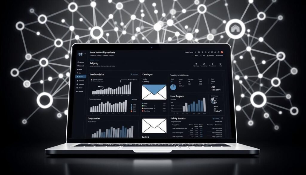 High-contrast digital illustration of email deliverability and reporting. In the foreground, a laptop screen displays a detailed analytics dashboard with graphs, charts, and performance metrics related to email campaigns. The middle ground features a stylized envelope icon, signifying the delivery process. In the background, a series of interconnected networks and data flows create a sense of technological complexity. The overall composition conveys a balance of informative clarity and technical sophistication, reflecting the importance of email marketing analytics and optimization.