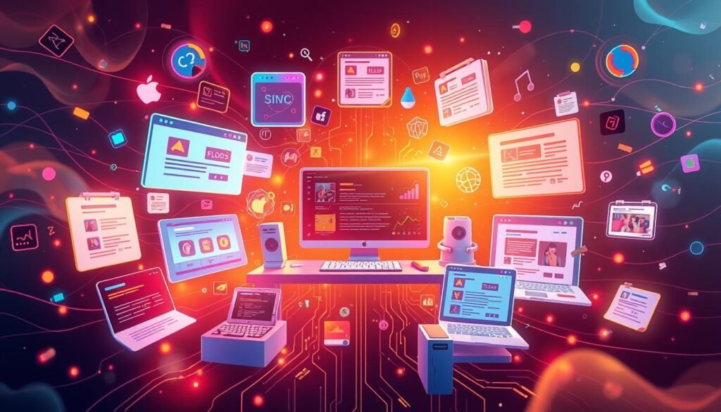 Vibrant digital illustration showcasing the diverse content types that can be generated using SEOWriting.ai. A central, futuristic workspace filled with advanced AI-powered writing tools, surrounded by a spectrum of content assets - blog posts, social media graphics, product descriptions, landing pages, and more. Glowing, dynamic interfaces and fluid, technological elements convey the power and versatility of the platform. Warm, optimistic lighting and a clean, minimalist aesthetic elevate the cutting-edge, innovative spirit of this AI-driven content creation experience.