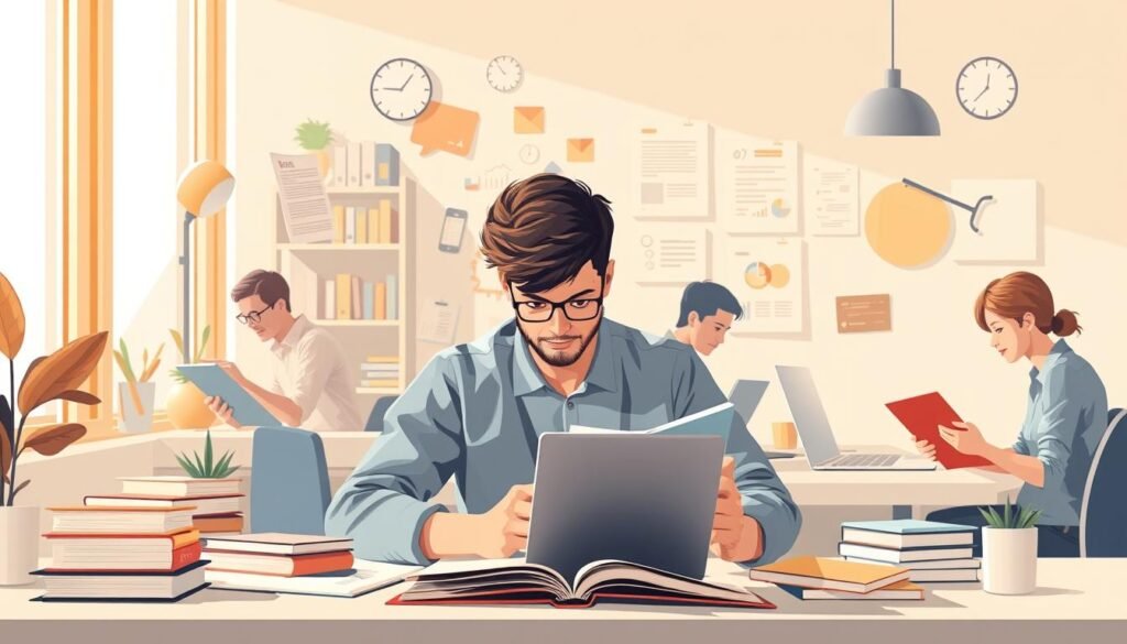 Vibrant, dynamic illustration of effective learning strategies. A person engages in various activities - reading books, taking notes, using a laptop, and collaborating with others. The scene is set in a modern, well-lit workspace with clean lines and a minimalist aesthetic. Warm lighting and muted colors create a focused, productive atmosphere. The figure is depicted in an active, determined pose, conveying a sense of purposeful learning. The composition emphasizes the interplay of digital and analog tools, reflecting the multi-faceted nature of acquiring new skills. The overall image should inspire and guide the viewer towards productive, efficient learning.