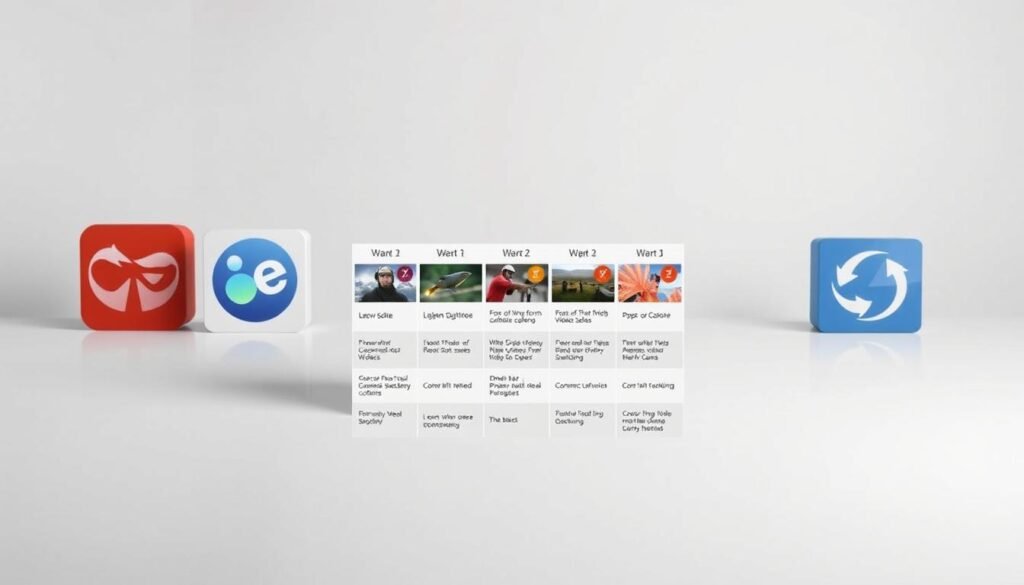 a detailed comparison of popular video editing software, displayed in a clean, minimalist style. The foreground features three video editing application icons, arranged neatly side-by-side. The middle ground showcases a grid of thumbnail comparisons, highlighting the key features and capabilities of each tool. The background is a soft, muted gradient, creating a professional, streamlined look. The lighting is even and slightly directional, emphasizing the software icons and comparison grid. The overall mood is one of informative, objective analysis, inviting the viewer to explore the strengths and differences between the video editing applications.