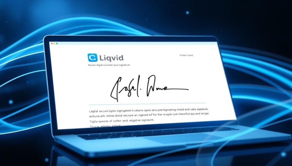 a digital signature document with a secure, encrypted and authenticated electronic signature, set against a backdrop of sleek, modern technology such as a laptop, tablet or smartphone. The signature is prominently displayed in the center, surrounded by a minimalist and futuristic design with clean lines, abstract shapes, and a color palette of blues, grays and whites to convey a sense of professionalism, trust and innovation. The overall composition should reflect the key features of Liqvid's digital signature solution: trustworthiness, speed and security.