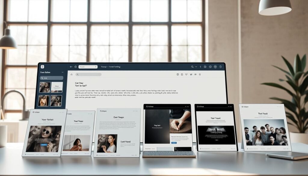 a highly detailed, photorealistic image of a modern, sleek email editor interface with clean, minimalist design and a selection of email templates in the foreground. the email editor has a large text editing window, a sidebar with template options, and a top toolbar with formatting and sending controls. the templates are displayed as elegant, responsive designs with placeholder content. the overall scene is illuminated by soft, natural lighting from a large window in the background, creating a warm, inviting atmosphere. the camera angle is slightly elevated to provide a clear view of the entire workspace. the colors are muted and professional, with a focus on grays, blues, and whites to convey a sense of productivity and efficiency.