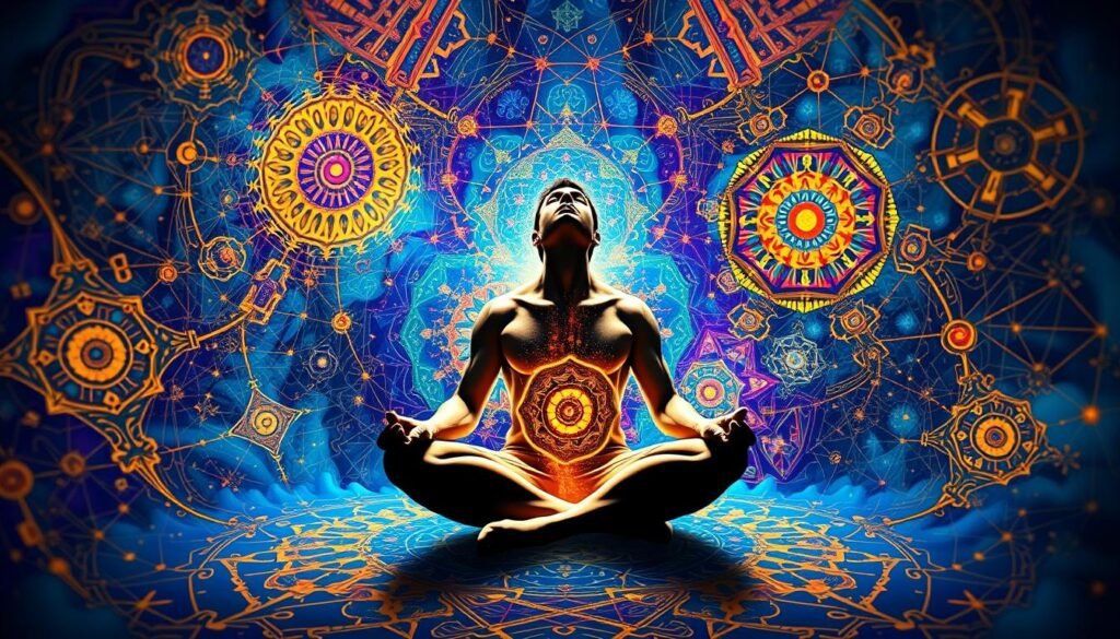 a hyper-realistic, digital illustration of a person deeply engaged in creative problem-solving, surrounded by a swirling vortex of colorful, abstract shapes and patterns. The figure is sitting cross-legged, eyes closed in deep concentration, with an aura of inspiration and focus emanating from their form. The background is a dynamic, almost psychedelic landscape of intricate, geometric designs and kaleidoscopic elements, evoking a sense of the subconscious mind at work. Vibrant hues of blue, purple, and gold create an atmosphere of innovation and imagination. Dramatic, directional lighting casts dramatic shadows, emphasizing the intense mental effort. The overall scene conveys the powerful, transformative nature of creative problem-solving.