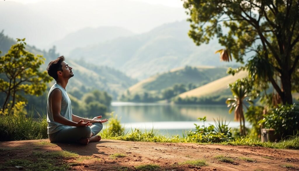 a serene and tranquil scene depicting a person in a meditative pose, surrounded by a lush, verdant landscape. the foreground features the individual sitting cross-legged, their eyes closed in deep contemplation, radiating a sense of inner peace and focus. the middle ground showcases a calming body of water, its surface reflecting the natural beauty of the environment. in the background, there are rolling hills adorned with vibrant greenery, hinting at the boundless potential for growth and continuous learning. the lighting is soft and diffused, creating a warm, ambient atmosphere that invites the viewer to pause and immerse themselves in the moment. the overall composition conveys a harmonious balance between the individual's introspective journey and the nourishing, ever-present natural world, symbolizing the enduring nature of the learning process.