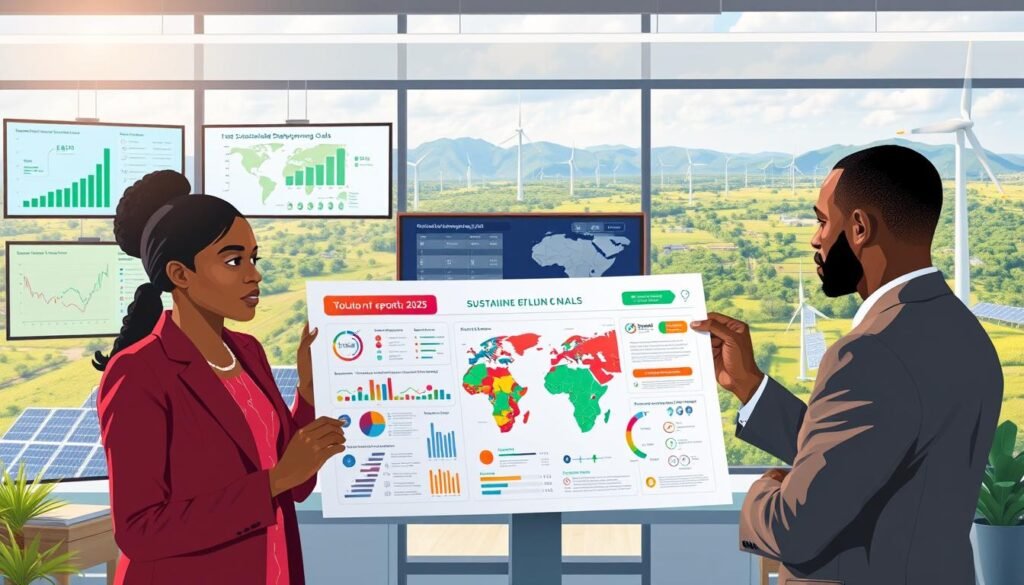 A dynamic and engaging illustration representing the concept of "Sustainable Development Report 2025 and Development Goals" in an African context. In the foreground, depict a diverse group of professionals in business attire: a Black woman and a Middle-Eastern man, both analyzing a large, colorful infographic on sustainable development goals. The middle ground showcases a modern workspace with digital screens displaying charts, graphs, and maps highlighting African nations' progress in sustainability. In the background, include a panoramic view of a lush landscape with solar panels and wind turbines, symbolizing the integration of nature and technology. Use soft, natural lighting to create an optimistic and forward-thinking atmosphere. The angle should be slightly elevated, giving a comprehensive view of the scene without any added text or overlays. A dynamic and engaging illustration representing the concept of "Sustainable Development Report 2025 and Development Goals" in an African context. In the foreground, depict a diverse group of professionals in business attire: a Black woman and a Middle-Eastern man, both analyzing a large, colorful infographic on sustainable development goals. The middle ground showcases a modern workspace with digital screens displaying charts, graphs, and maps highlighting African nations' progress in sustainability. In the background, include a panoramic view of a lush landscape with solar panels and wind turbines, symbolizing the integration of nature and technology. Use soft, natural lighting to create an optimistic and forward-thinking atmosphere. The angle should be slightly elevated, giving a comprehensive view of the scene without any added text or overlays.