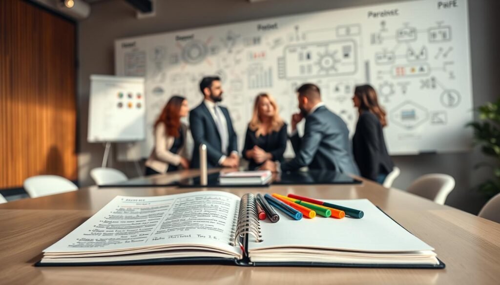 A focused and organized workspace showcasing the concept of "practical impact creation." In the foreground, an open notebook with handwritten notes and a set of color-coded markers, symbolizing planning and creativity. In the middle, a diverse group of individuals in professional business attire, engaged in a thoughtful discussion, collaborating at a sleek, modern conference table. The background features a large whiteboard filled with diagrams and brainstorming ideas, illustrating a process of strategizing and mastery. Soft, natural lighting illuminates the scene, creating a warm and inviting atmosphere, while a slight depth of field emphasizes the group's interaction. The overall mood conveys ambition, teamwork, and the pursuit of excellence in creating desired impact effectively. A focused and organized workspace showcasing the concept of "practical impact creation." In the foreground, an open notebook with handwritten notes and a set of color-coded markers, symbolizing planning and creativity. In the middle, a diverse group of individuals in professional business attire, engaged in a thoughtful discussion, collaborating at a sleek, modern conference table. The background features a large whiteboard filled with diagrams and brainstorming ideas, illustrating a process of strategizing and mastery. Soft, natural lighting illuminates the scene, creating a warm and inviting atmosphere, while a slight depth of field emphasizes the group's interaction. The overall mood conveys ambition, teamwork, and the pursuit of excellence in creating desired impact effectively.