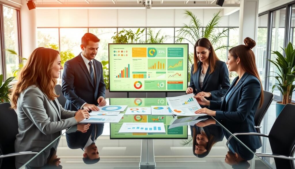 A professional business environment showcasing social investment strategies for sustainability. In the foreground, a diverse group of four individuals—two men and two women, dressed in professional business attire—are engaged in discussion around a modern glass table. They are analyzing charts and documents that represent various social investment projects. In the middle, a large screen displays vibrant infographics illustrating key metrics of social impact and sustainable practices. The background features an open office space with greenery and natural light filtering through large windows, creating a fresh and optimistic atmosphere. The lighting is bright yet soft, emphasizing collaboration and innovation. Capture the scene from a slightly elevated angle to showcase the dynamics of teamwork and strategic planning. A professional business environment showcasing social investment strategies for sustainability. In the foreground, a diverse group of four individuals—two men and two women, dressed in professional business attire—are engaged in discussion around a modern glass table. They are analyzing charts and documents that represent various social investment projects. In the middle, a large screen displays vibrant infographics illustrating key metrics of social impact and sustainable practices. The background features an open office space with greenery and natural light filtering through large windows, creating a fresh and optimistic atmosphere. The lighting is bright yet soft, emphasizing collaboration and innovation. Capture the scene from a slightly elevated angle to showcase the dynamics of teamwork and strategic planning.