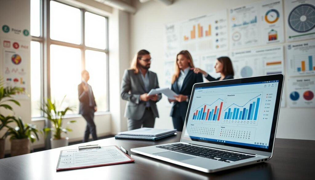 A professional workspace scene depicting tools and indicators for social impact assessment. In the foreground, a modern desk with a laptop open, displaying data analytics software related to social impact metrics. A clipboard with a checklist of key performance indicators rests beside it. In the middle, a diverse group of three professionals in business attire — a man and a woman analyzing charts, and another woman pointing at a graph displayed on a digital screen. The background features a large window with natural light pouring in, illuminating the room and creating a vibrant atmosphere. The walls are adorned with infographics and diagrams relating to social impact evaluation, enhancing the educational tone of the scene. A professional workspace scene depicting tools and indicators for social impact assessment. In the foreground, a modern desk with a laptop open, displaying data analytics software related to social impact metrics. A clipboard with a checklist of key performance indicators rests beside it. In the middle, a diverse group of three professionals in business attire — a man and a woman analyzing charts, and another woman pointing at a graph displayed on a digital screen. The background features a large window with natural light pouring in, illuminating the room and creating a vibrant atmosphere. The walls are adorned with infographics and diagrams relating to social impact evaluation, enhancing the educational tone of the scene.