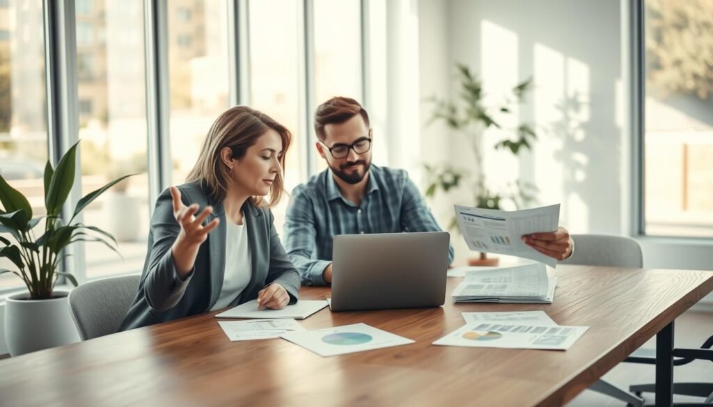 A serene personal legacy building scene featuring a diverse group of three professionals engaged in a brainstorming session around a large wooden table. In the foreground, a middle-aged woman, dressed in professional attire, is sharing ideas, gesturing enthusiastically. In the middle, a young man with a laptop is taking notes, while an older man with glasses, sporting a thoughtful expression, is analyzing charts and documents. The background showcases a bright, modern office environment with large windows allowing natural light to flood in, casting soft, warm shadows. A potted plant in the corner adds a touch of life. The atmosphere is collaborative and inspiring, reflecting success and teamwork in personal legacy development. A serene personal legacy building scene featuring a diverse group of three professionals engaged in a brainstorming session around a large wooden table. In the foreground, a middle-aged woman, dressed in professional attire, is sharing ideas, gesturing enthusiastically. In the middle, a young man with a laptop is taking notes, while an older man with glasses, sporting a thoughtful expression, is analyzing charts and documents. The background showcases a bright, modern office environment with large windows allowing natural light to flood in, casting soft, warm shadows. A potted plant in the corner adds a touch of life. The atmosphere is collaborative and inspiring, reflecting success and teamwork in personal legacy development.