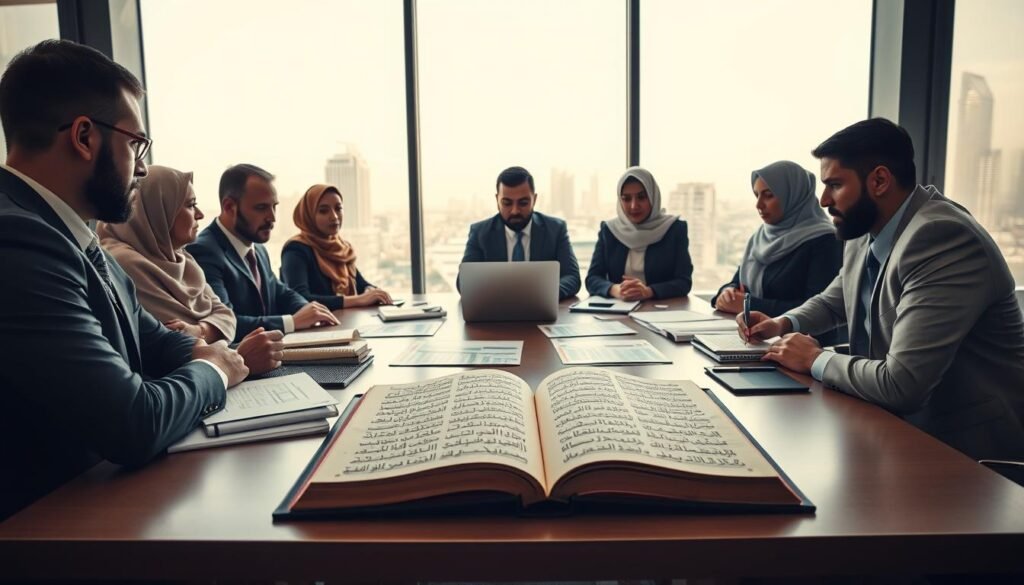 A thoughtful scene illustrating legal and religious challenges in inheritance distribution. In the foreground, a diverse group of professionals in business attire (men and women) are engaged in a serious discussion around a conference table filled with legal documents, charts, and a laptop. The middle ground features an open legal book with visible Arabic text, symbolizing the blend of Islamic and secular law. In the background, a large window offers a view of a modern cityscape, under soft, natural lighting that creates a warm yet serious ambiance. The mood reflects contemplation and collaboration, conveying the complexity and importance of navigating legal rights and obligations in inheritance. A thoughtful scene illustrating legal and religious challenges in inheritance distribution. In the foreground, a diverse group of professionals in business attire (men and women) are engaged in a serious discussion around a conference table filled with legal documents, charts, and a laptop. The middle ground features an open legal book with visible Arabic text, symbolizing the blend of Islamic and secular law. In the background, a large window offers a view of a modern cityscape, under soft, natural lighting that creates a warm yet serious ambiance. The mood reflects contemplation and collaboration, conveying the complexity and importance of navigating legal rights and obligations in inheritance.