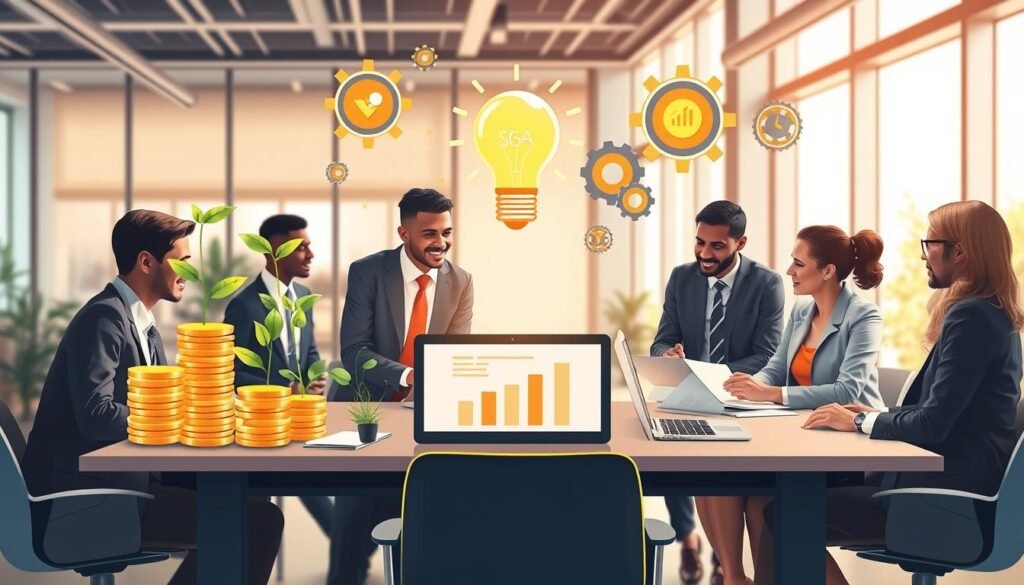A vibrant and engaging illustration of "Factors for Success in Social Investment." In the foreground, a diverse group of professionals in smart business attire discusses strategies around a table, with charts and graphs displayed on a laptop in front of them. In the middle ground, elements symbolizing success—such as plants growing from coins, a glowing light bulb representing innovative ideas, and interconnected gears symbolizing collaboration—create a dynamic environment. The background features a modern office setting with large windows, allowing natural light to illuminate the space, creating a warm and hopeful atmosphere. The overall mood is optimistic and forward-thinking, highlighting teamwork and effective planning in social investment. Use a wide-angle lens to capture the depth of the scene. A vibrant and engaging illustration of "Factors for Success in Social Investment." In the foreground, a diverse group of professionals in smart business attire discusses strategies around a table, with charts and graphs displayed on a laptop in front of them. In the middle ground, elements symbolizing success—such as plants growing from coins, a glowing light bulb representing innovative ideas, and interconnected gears symbolizing collaboration—create a dynamic environment. The background features a modern office setting with large windows, allowing natural light to illuminate the space, creating a warm and hopeful atmosphere. The overall mood is optimistic and forward-thinking, highlighting teamwork and effective planning in social investment. Use a wide-angle lens to capture the depth of the scene.