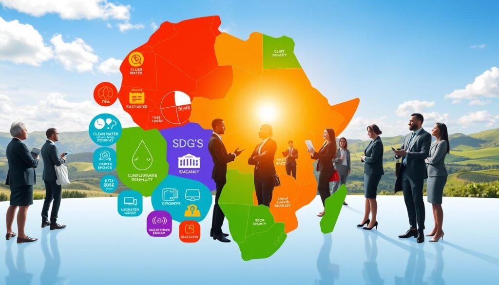A vibrant and engaging illustration of the Sustainable Development Goals (SDGs) depicted as colorful icons surrounding a map of Africa in the foreground. The icons should represent key goals like clean water, education, and gender equality, each designed with vivid colors and clear visual symbols. In the middle ground, diverse professionals in business attire are engaged in discussions and planning sessions, symbolizing collaboration and progress. The background features a sunny, clear sky with hints of green landscapes, representing growth and sustainability. The lighting is bright and inspirational, creating a hopeful atmosphere. Capture this scene from a slightly elevated angle to give depth and perspective, highlighting both the SDGs and the dynamic interaction between the individuals. A vibrant and engaging illustration of the Sustainable Development Goals (SDGs) depicted as colorful icons surrounding a map of Africa in the foreground. The icons should represent key goals like clean water, education, and gender equality, each designed with vivid colors and clear visual symbols. In the middle ground, diverse professionals in business attire are engaged in discussions and planning sessions, symbolizing collaboration and progress. The background features a sunny, clear sky with hints of green landscapes, representing growth and sustainability. The lighting is bright and inspirational, creating a hopeful atmosphere. Capture this scene from a slightly elevated angle to give depth and perspective, highlighting both the SDGs and the dynamic interaction between the individuals.