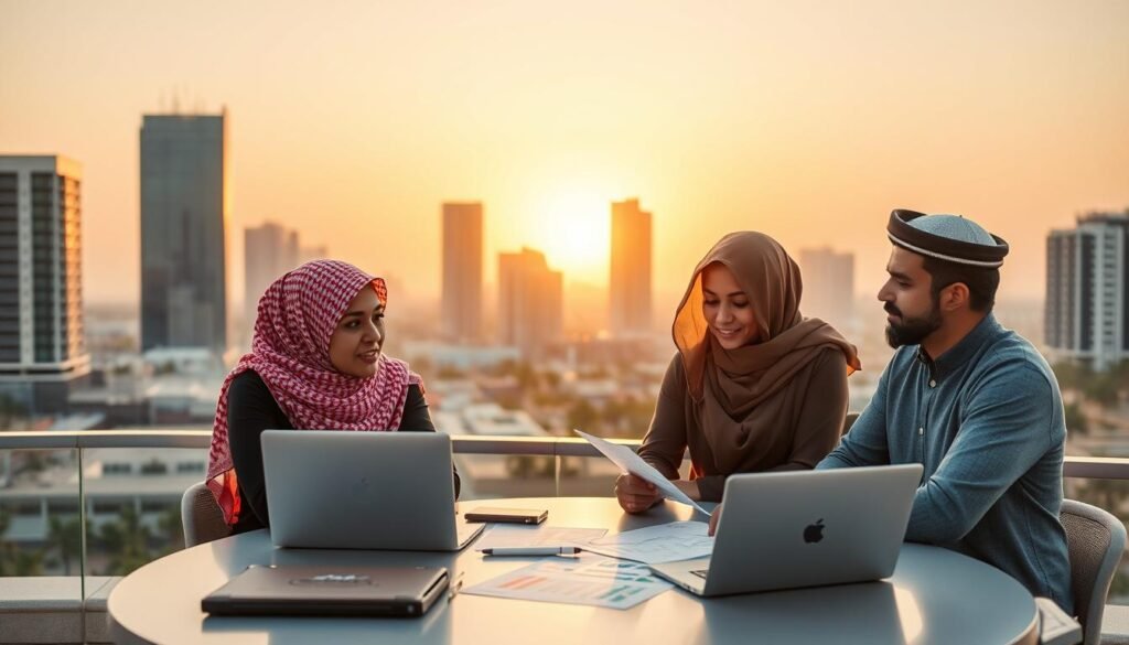 A vibrant depiction of community entrepreneurship challenges and opportunities in Saudi Arabia. In the foreground, a diverse group of three business professionals—two women in professional business attire and one man in modest casual clothing—are gathered around a table, engaged in a brainstorming session with laptops and charts. The middle ground features a backdrop of an urban setting with modern buildings, symbolizing innovation and growth. In the background, a sunset casts warm golden light, creating an optimistic atmosphere. Use a wide-angle lens to capture the interaction and enthusiasm among the entrepreneurs while maintaining a focus on the environment. The overall mood should reflect inspiration and collaboration, highlighting the potential of social entrepreneurship in the region. A vibrant depiction of community entrepreneurship challenges and opportunities in Saudi Arabia. In the foreground, a diverse group of three business professionals—two women in professional business attire and one man in modest casual clothing—are gathered around a table, engaged in a brainstorming session with laptops and charts. The middle ground features a backdrop of an urban setting with modern buildings, symbolizing innovation and growth. In the background, a sunset casts warm golden light, creating an optimistic atmosphere. Use a wide-angle lens to capture the interaction and enthusiasm among the entrepreneurs while maintaining a focus on the environment. The overall mood should reflect inspiration and collaboration, highlighting the potential of social entrepreneurship in the region.