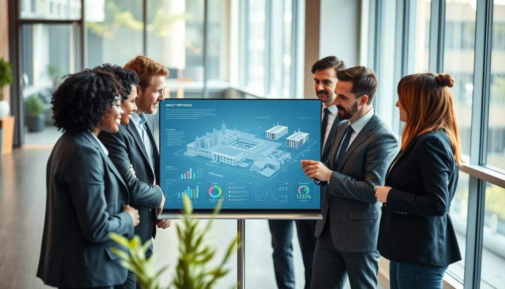 A vibrant scene showcasing strategic partnerships in impact-driven industries. In the foreground, a diverse group of business professionals, dressed in smart business attire, engage in a dynamic discussion around a digital blueprint of a sustainable project. In the middle ground, a large screen displays graphs and infographics illustrating social, economic, and environmental impact metrics. The background features a modern office space with large windows, allowing natural light to filter through, enhancing the positive atmosphere. Soft, warm lighting accentuates the collaborative mood, creating a sense of innovation and forward-thinking. The composition should have a slightly elevated angle, capturing the energy of collaboration and strategy in action. The overall tone is optimistic and professional, emphasizing the importance of strategic partnerships for creating meaningful change. A vibrant scene showcasing strategic partnerships in impact-driven industries. In the foreground, a diverse group of business professionals, dressed in smart business attire, engage in a dynamic discussion around a digital blueprint of a sustainable project. In the middle ground, a large screen displays graphs and infographics illustrating social, economic, and environmental impact metrics. The background features a modern office space with large windows, allowing natural light to filter through, enhancing the positive atmosphere. Soft, warm lighting accentuates the collaborative mood, creating a sense of innovation and forward-thinking. The composition should have a slightly elevated angle, capturing the energy of collaboration and strategy in action. The overall tone is optimistic and professional, emphasizing the importance of strategic partnerships for creating meaningful change.
