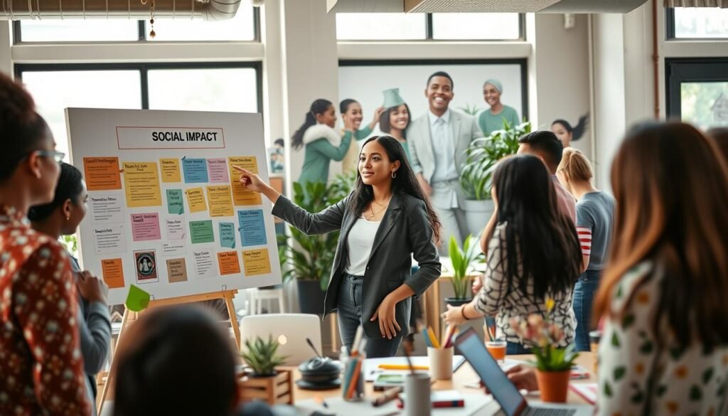 A young social entrepreneur stands at a community hub, engaged in a collaborative project with diverse individuals. In the foreground, a confident woman in professional attire leads a brainstorming session, pointing at a colorful poster of social impact goals. Surrounding her, people of various backgrounds and ages contribute ideas, symbolizing unity and collaboration. In the middle ground, a vibrant workspace filled with plants, art supplies, and digital devices reflects creativity and enthusiasm. The background features a mural depicting positive change, invoking hope and inspiration. Soft, natural lighting filters through large windows, creating a warm, inviting atmosphere. The overall mood conveys empowerment, community spirit, and the transformative role of social entrepreneurship in driving change. A young social entrepreneur stands at a community hub, engaged in a collaborative project with diverse individuals. In the foreground, a confident woman in professional attire leads a brainstorming session, pointing at a colorful poster of social impact goals. Surrounding her, people of various backgrounds and ages contribute ideas, symbolizing unity and collaboration. In the middle ground, a vibrant workspace filled with plants, art supplies, and digital devices reflects creativity and enthusiasm. The background features a mural depicting positive change, invoking hope and inspiration. Soft, natural lighting filters through large windows, creating a warm, inviting atmosphere. The overall mood conveys empowerment, community spirit, and the transformative role of social entrepreneurship in driving change.