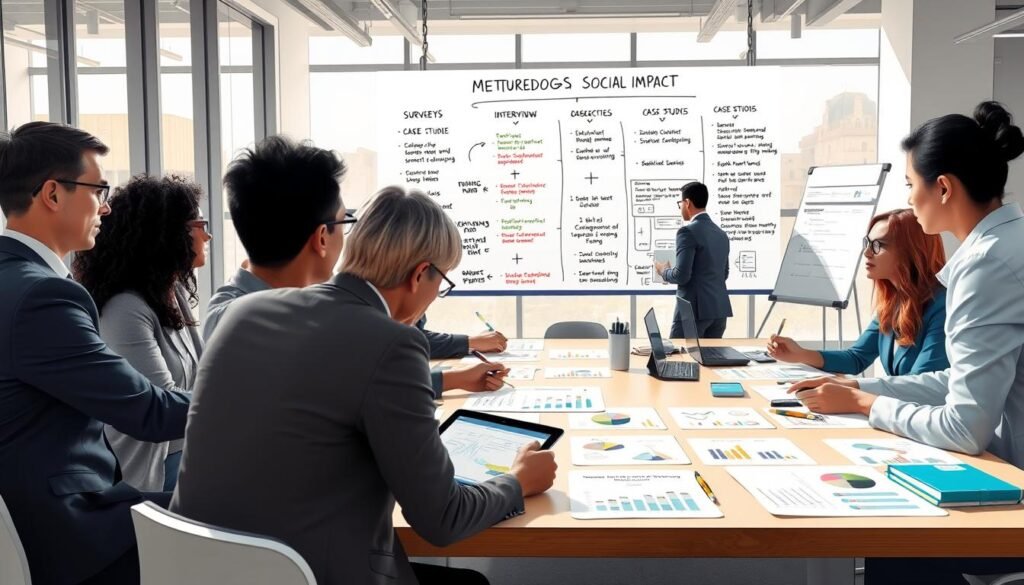 An educational illustration depicting the key methodologies for measuring social impact. In the foreground, a diverse group of professionals in business attire is engaged in a brainstorming session, gathered around a large table filled with charts, graphs, and digital tablets showcasing statistics and analytics. In the middle ground, a large whiteboard outlines various methodologies like surveys, interviews, and case studies, highlighted with colorful markers. The background features a modern office environment with large windows allowing natural light to flood in, casting soft shadows. The atmosphere is collaborative and energetic, reflecting a serious approach to social impact assessment. Use a wide-angle lens to capture the entire scene, with bright, inviting lighting to inspire a sense of innovation and teamwork. An educational illustration depicting the key methodologies for measuring social impact. In the foreground, a diverse group of professionals in business attire is engaged in a brainstorming session, gathered around a large table filled with charts, graphs, and digital tablets showcasing statistics and analytics. In the middle ground, a large whiteboard outlines various methodologies like surveys, interviews, and case studies, highlighted with colorful markers. The background features a modern office environment with large windows allowing natural light to flood in, casting soft shadows. The atmosphere is collaborative and energetic, reflecting a serious approach to social impact assessment. Use a wide-angle lens to capture the entire scene, with bright, inviting lighting to inspire a sense of innovation and teamwork.