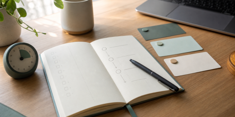 Carnet de travail avec une tâche découpée en petites étapes pour arrêter de procrastiner et retrouver un rythme d’action