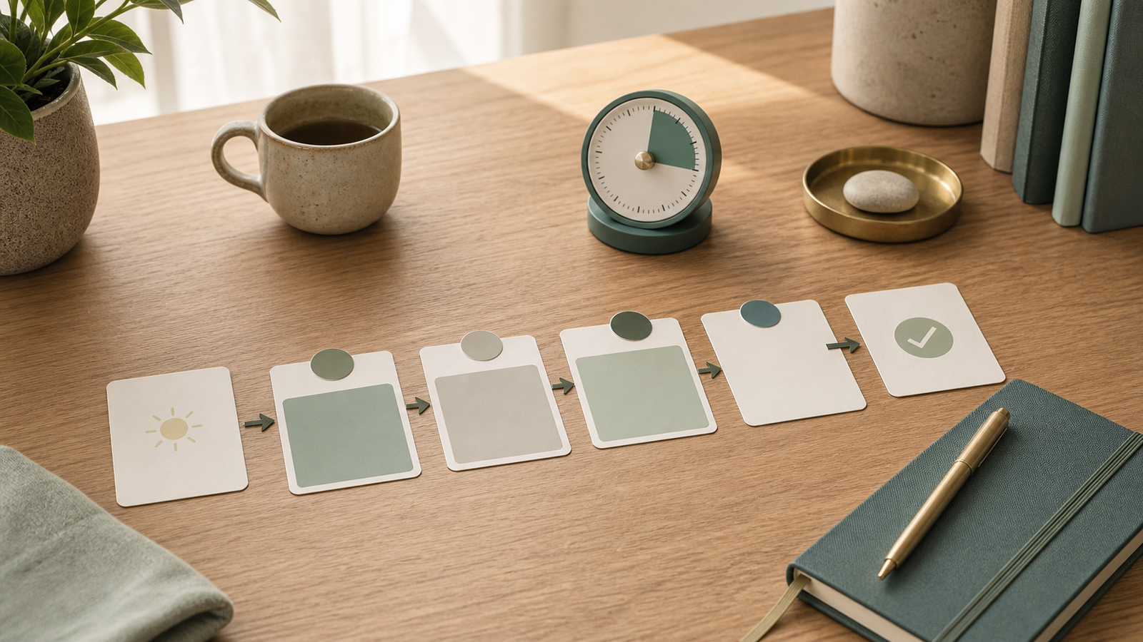 Séquence de cartes de routine quotidienne avec minuteur sur un bureau calme