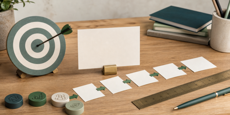 Illustration d’objectifs d’impact mesurables avec cible, cartes et jalons