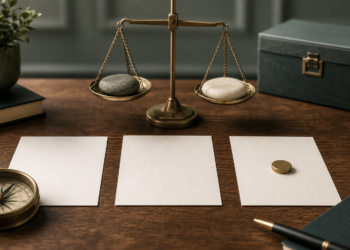 Illustration d’une décision difficile avec balance, options et critère de choix