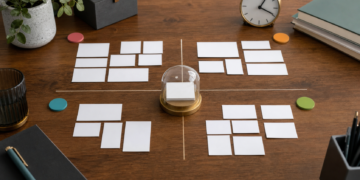 Illustration de priorisation des tâches urgentes avec matrice, cartes et horloge