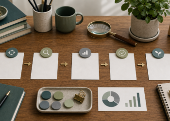 Illustration of measuring work impact through practical steps, evidence, and change markers
