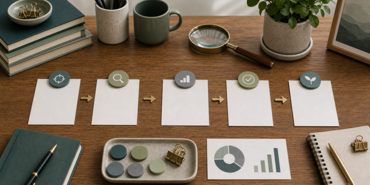 Illustration of measuring work impact through practical steps, evidence, and change markers
